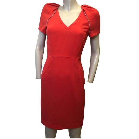 Maje Adriana Sheath Zipper Detail Puff Sleeve Dress Red size 36 - Picture 1 of 7